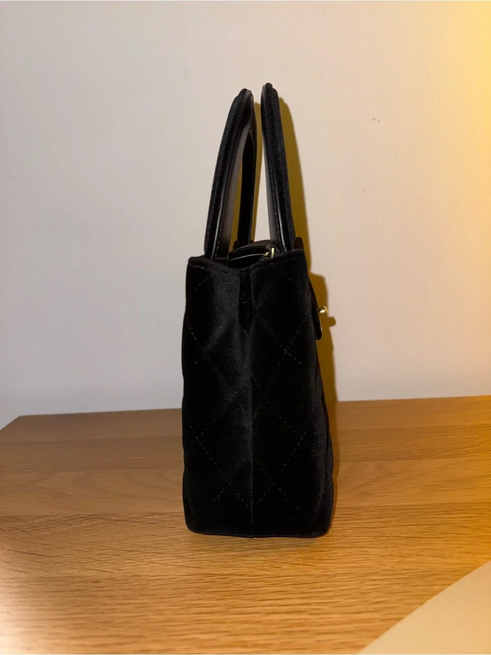 CHANEL Black Quilted Kelly Velvet Top-Handle Bag with Gold CC Hardware